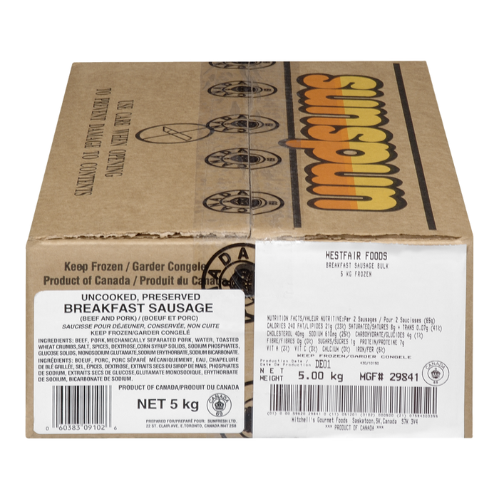 Breakfast Sausages, Frozen, case- 5 kg- Sunspun - Canadian Distributor