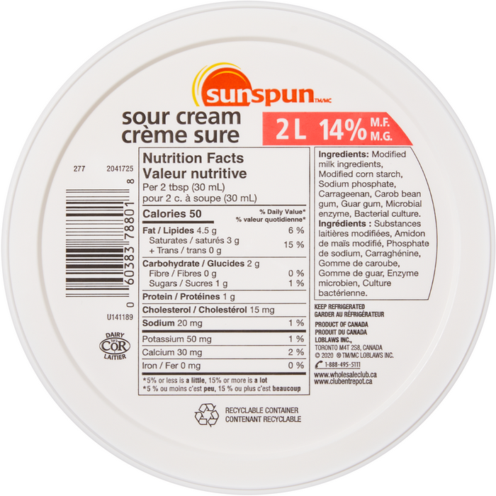 Sour Cream 2 l- Sunspun - Canadian Distributor