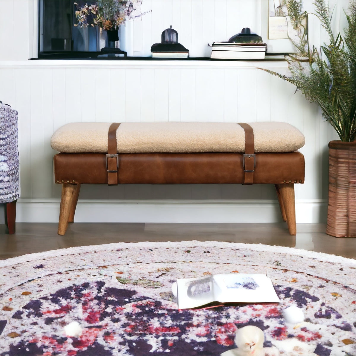 Boucle Buffalo Hide Leather Bench — Noble Home Office