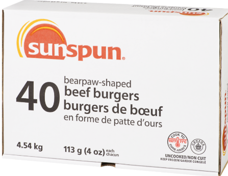 Beef Burgers, 4oz - 4.54 kg- Sunspun - Canadian Distributor