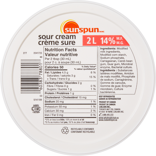 Sour Cream 2 L- Sunspun - Canadian Distributor
