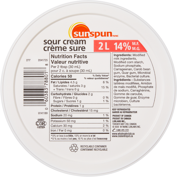 Sour Cream 2 L- Sunspun - Canadian Distributor